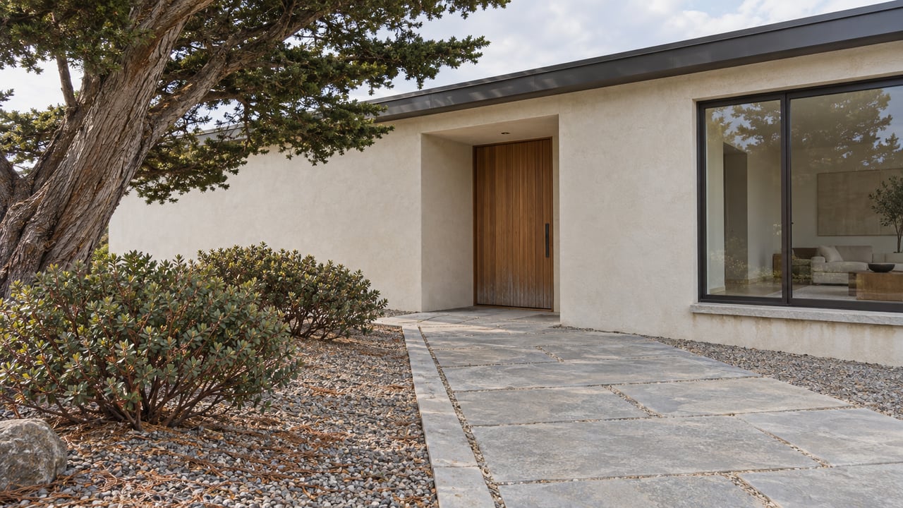 Low contemporary home with ivory stucco, cedar entry door, bronze-framed glazing and a stone approach beside a wind-shaped cypress.