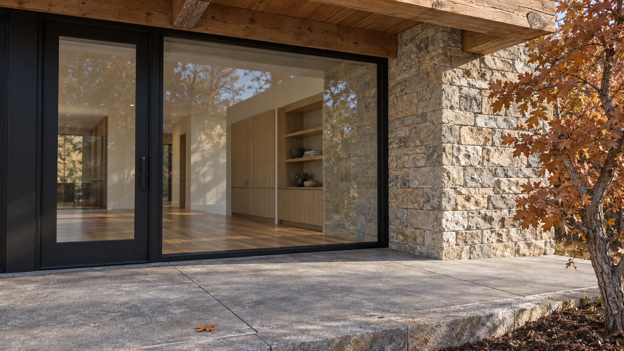 Autumn sunlight on a timber-covered terrace with black-framed glass doors, a stone pier and copper-colored oak leaves.