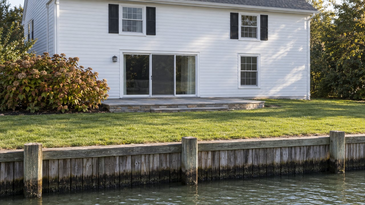 White-sided waterfront home with black shutters, a deep rear lawn, bluestone terrace and weathered timber retaining wall above calm water.