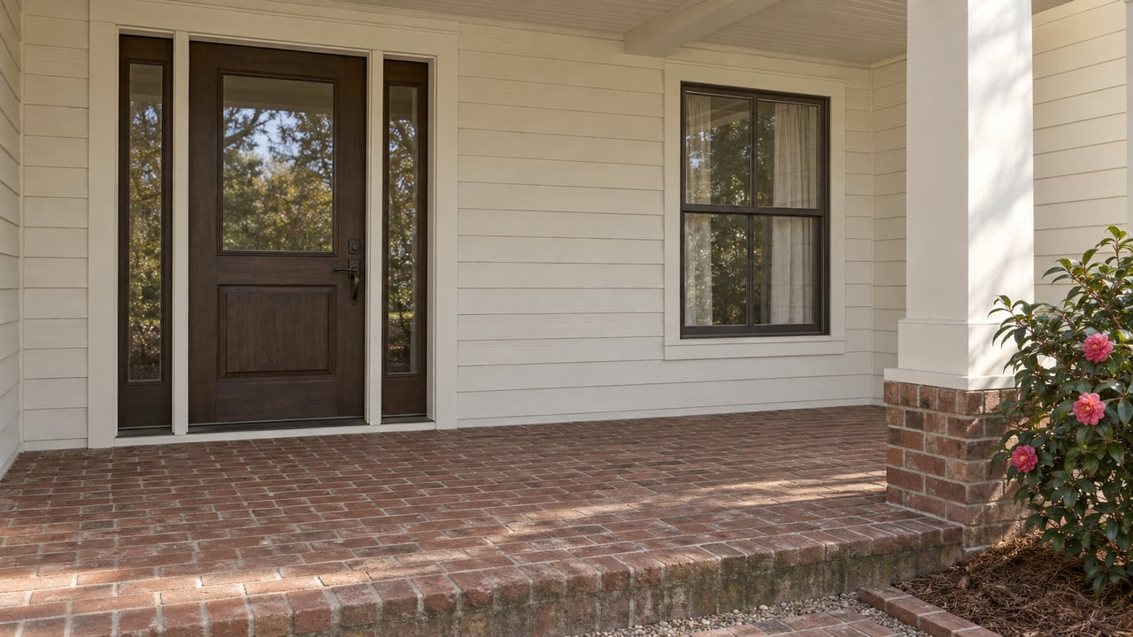 Covered front entry with ivory wood siding, a glazed walnut door, red brick steps and a flowering camellia.