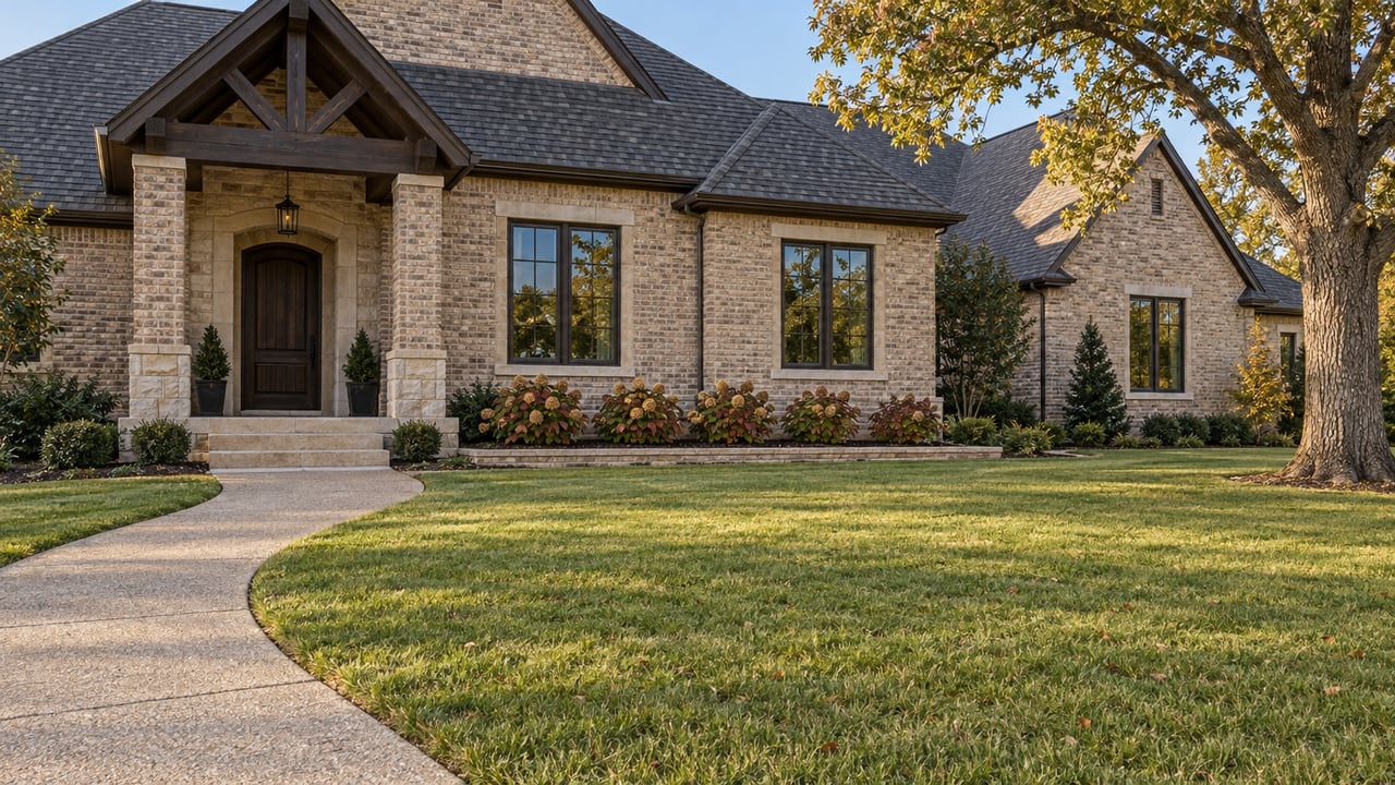 Buff brick home with a covered oak-door entry, steep charcoal roof, broad lawn and mature oak in afternoon sunlight.