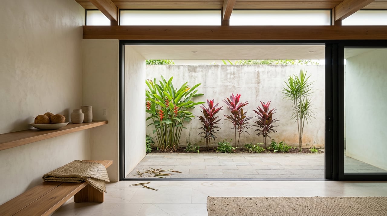 Living room with black-framed sliders, teak beams, coconuts on a shelf, and tropical plants outside.