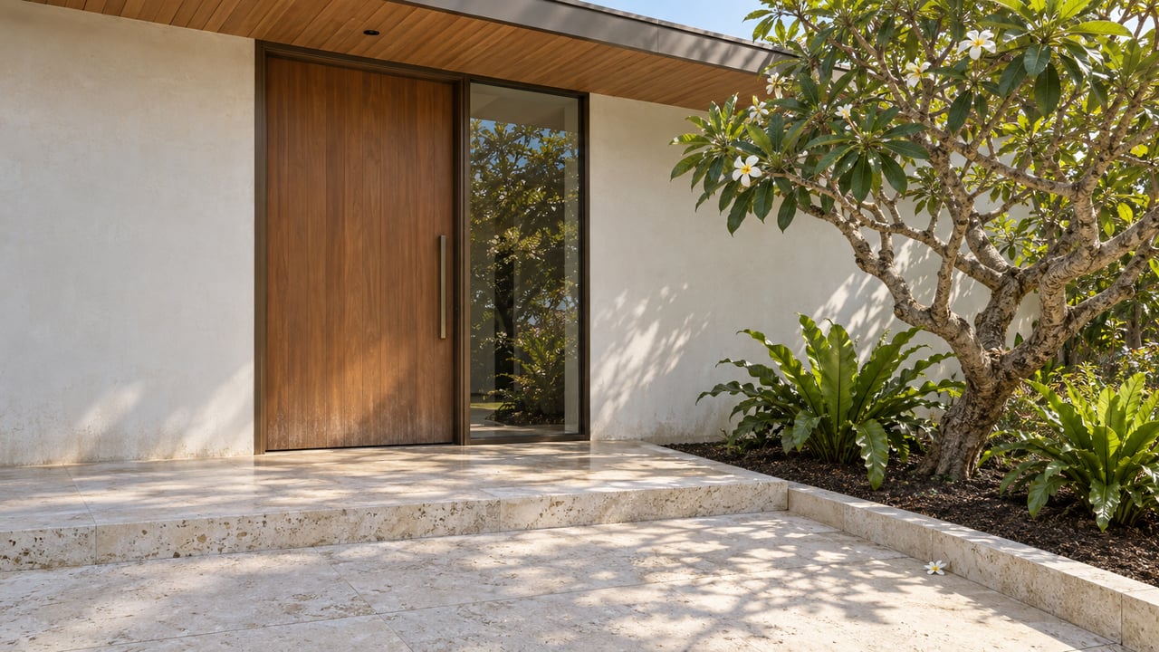 A sheltered contemporary home entrance with a teak door, bronze-framed glass, pale limestone steps and a flowering plumeria tree.
