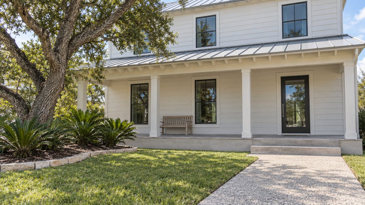 White two-story house with a covered porch, shell-aggregate walkway, live oak, and three coontie plants in a bordered garden.