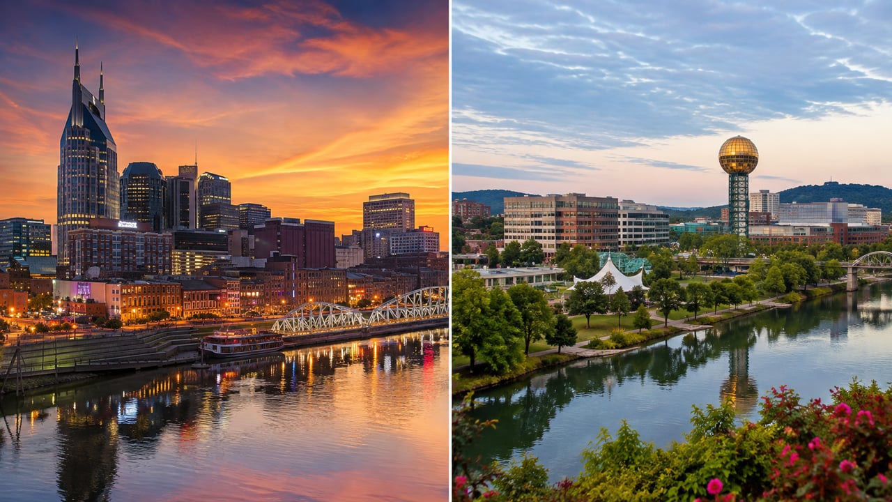 Side-by-side scenic views of Nashville and Knoxville, Tennessee, highlighting the different city lifestyles and settings for buyers considering a second home in Tennessee.