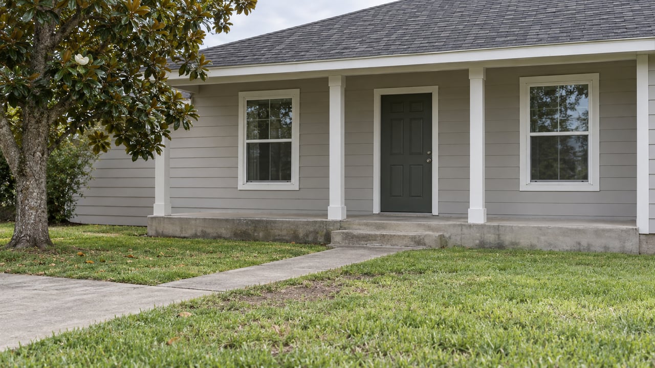 Modest one-story house with gray siding, a shallow porch, concrete walk, and lawn beneath a magnolia tree.