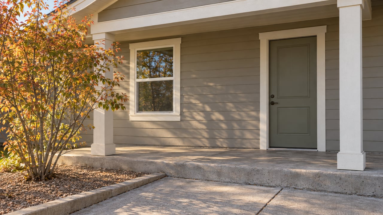 A greige-sided house porch with a closed door, white-trimmed window, concrete step, and coppering serviceberry tree.