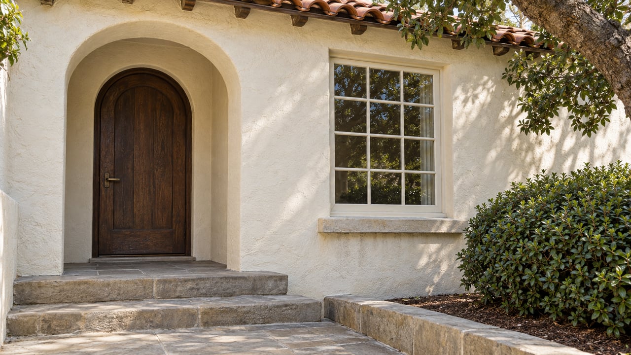 Home entrance with an arched dark wood door, stone steps, and a large divided-light window.