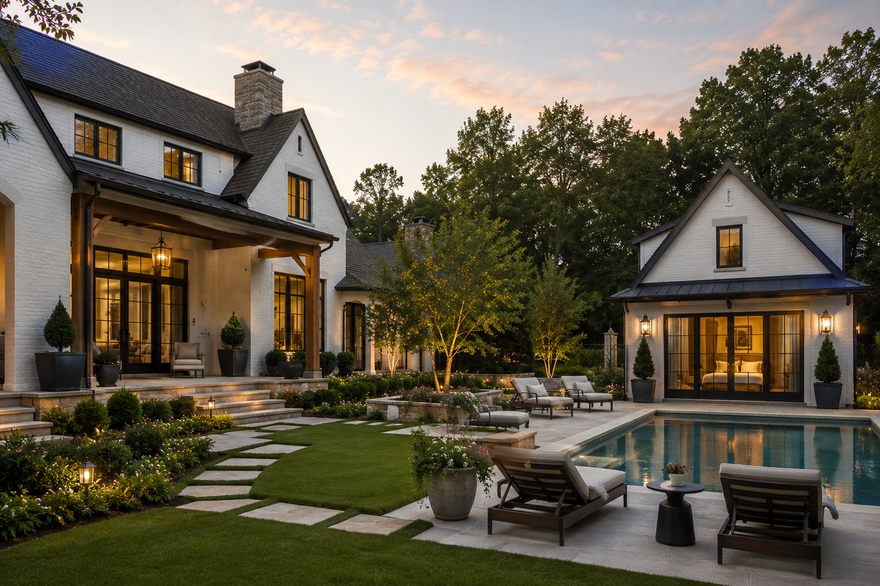 Luxury estate featuring a separate guest house, swimming pool, landscaped gardens, and upscale outdoor living spaces, highlighting the benefits of homes with private guest accommodations.