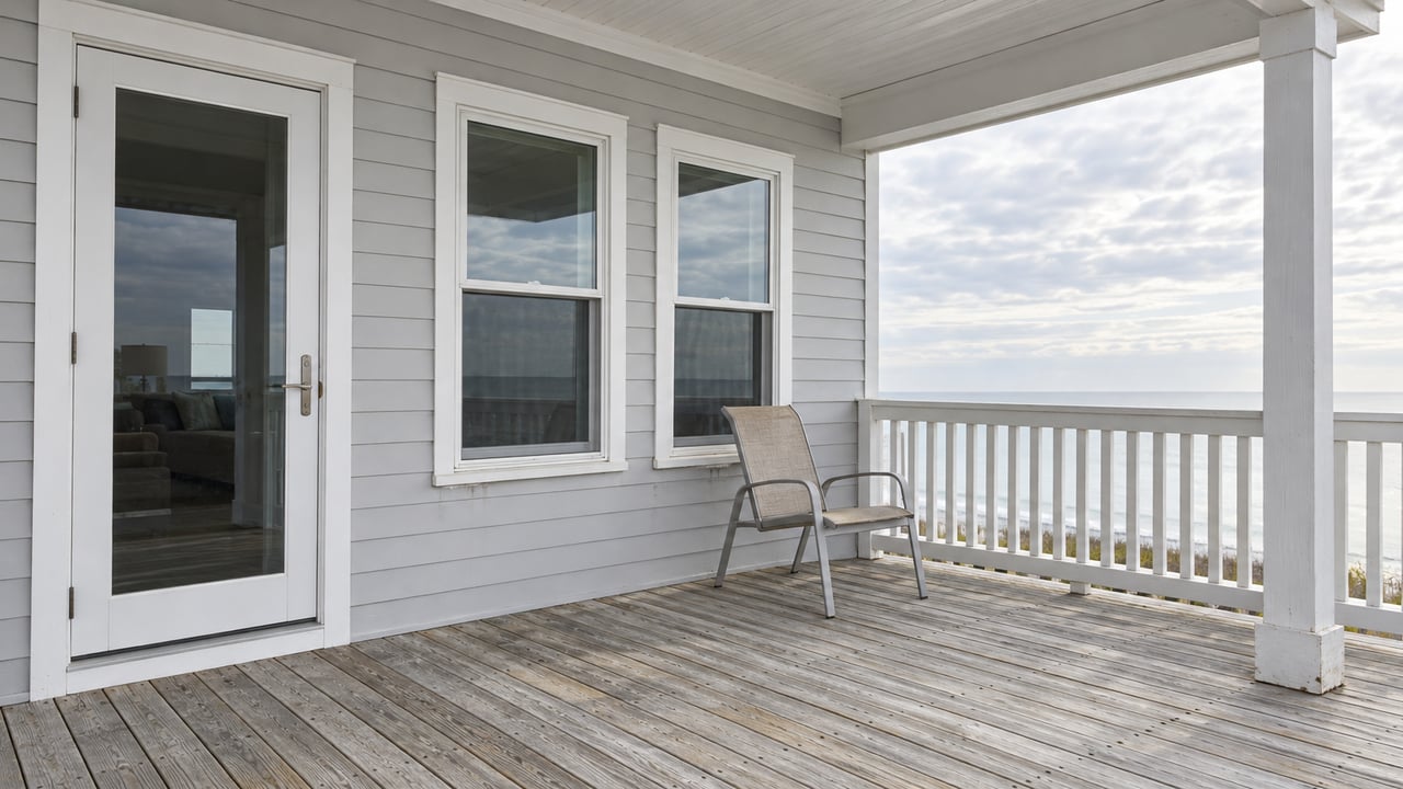 Weathered timber porch beside a pale painted beach-house facade, with white railings and one outdoor chair in soft daylight.