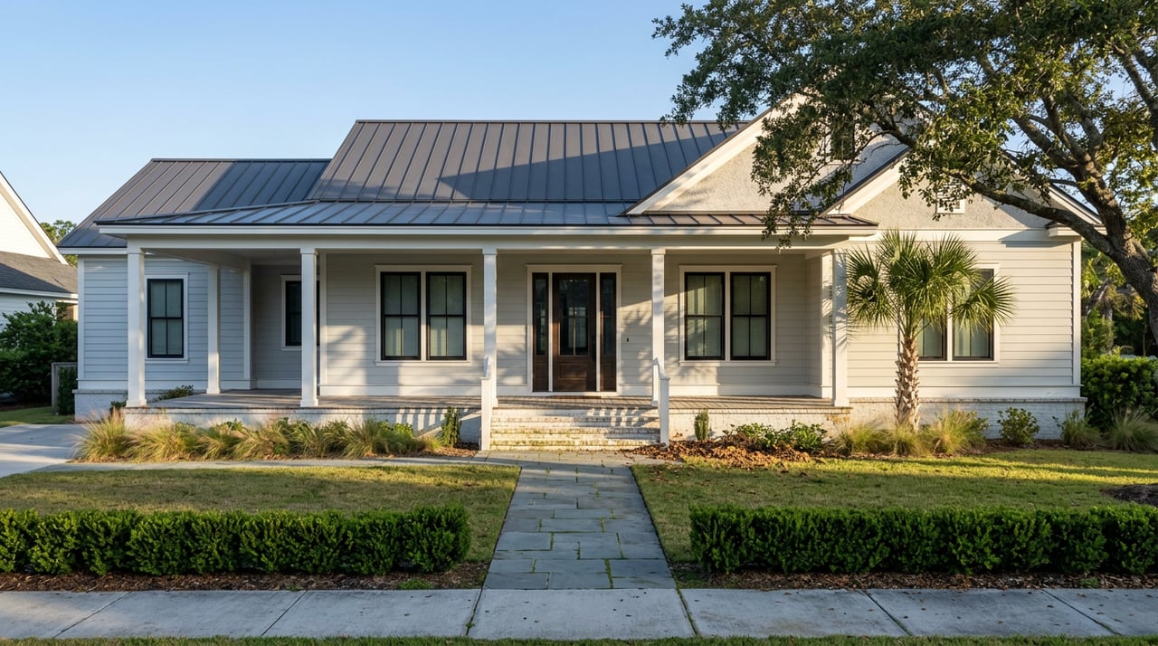 Coastal-contemporary home with a broad porch, bluestone walkway, live oak canopy, and sabal palm.