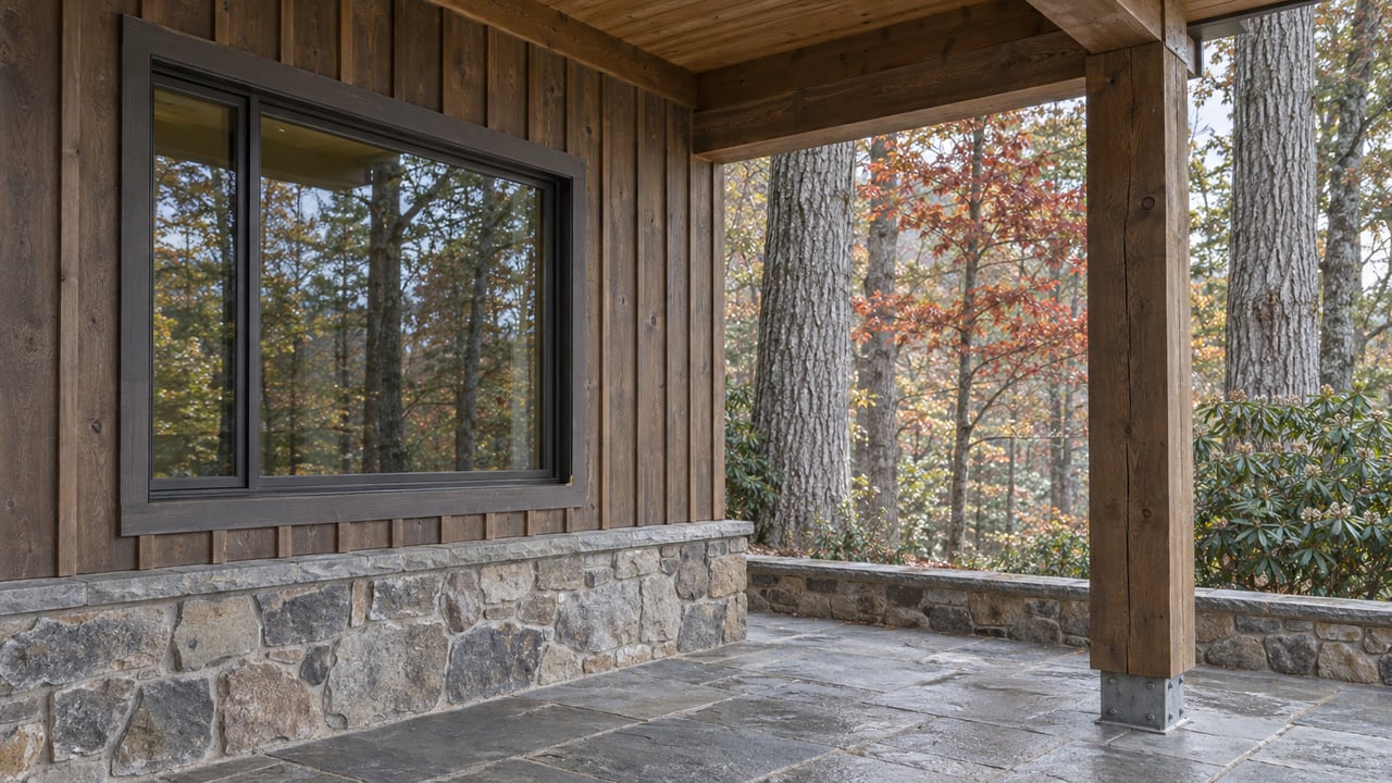 Covered porch corner with weathered cedar siding, a dark-framed window, timber post and gray flagstone terrace beside autumn woodland.