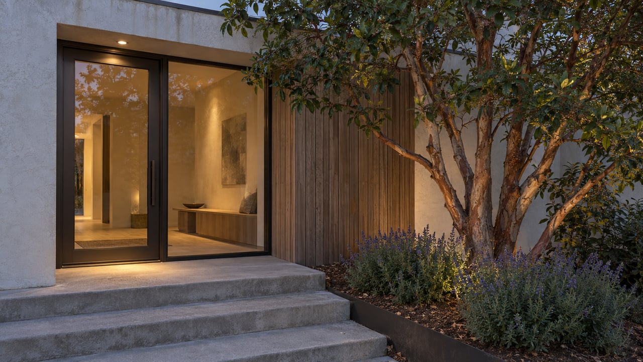 Compact stucco home entry with a glazed bronze-framed door, cedar siding, concrete steps, and a multi-stem tree.