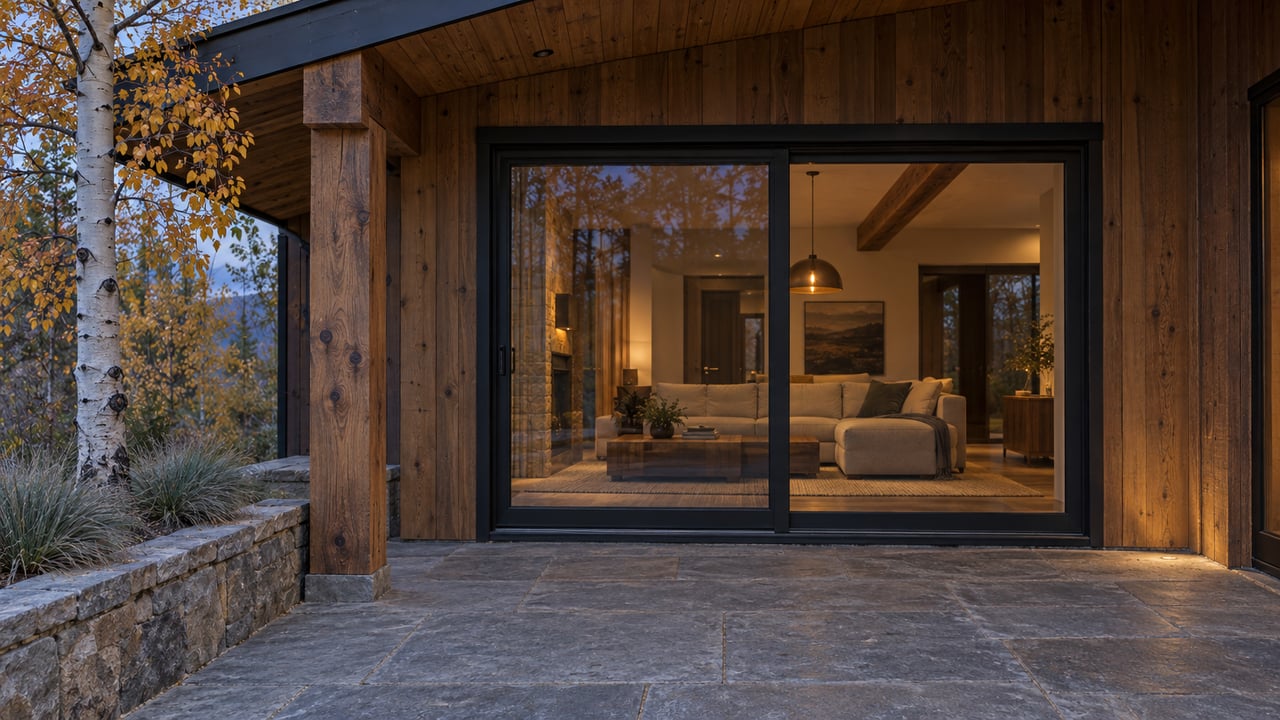 Timber-clad home at blue hour with closed black-framed glass doors, a quartzite terrace, and an ochre-leaved aspen beside a stone planting curb.