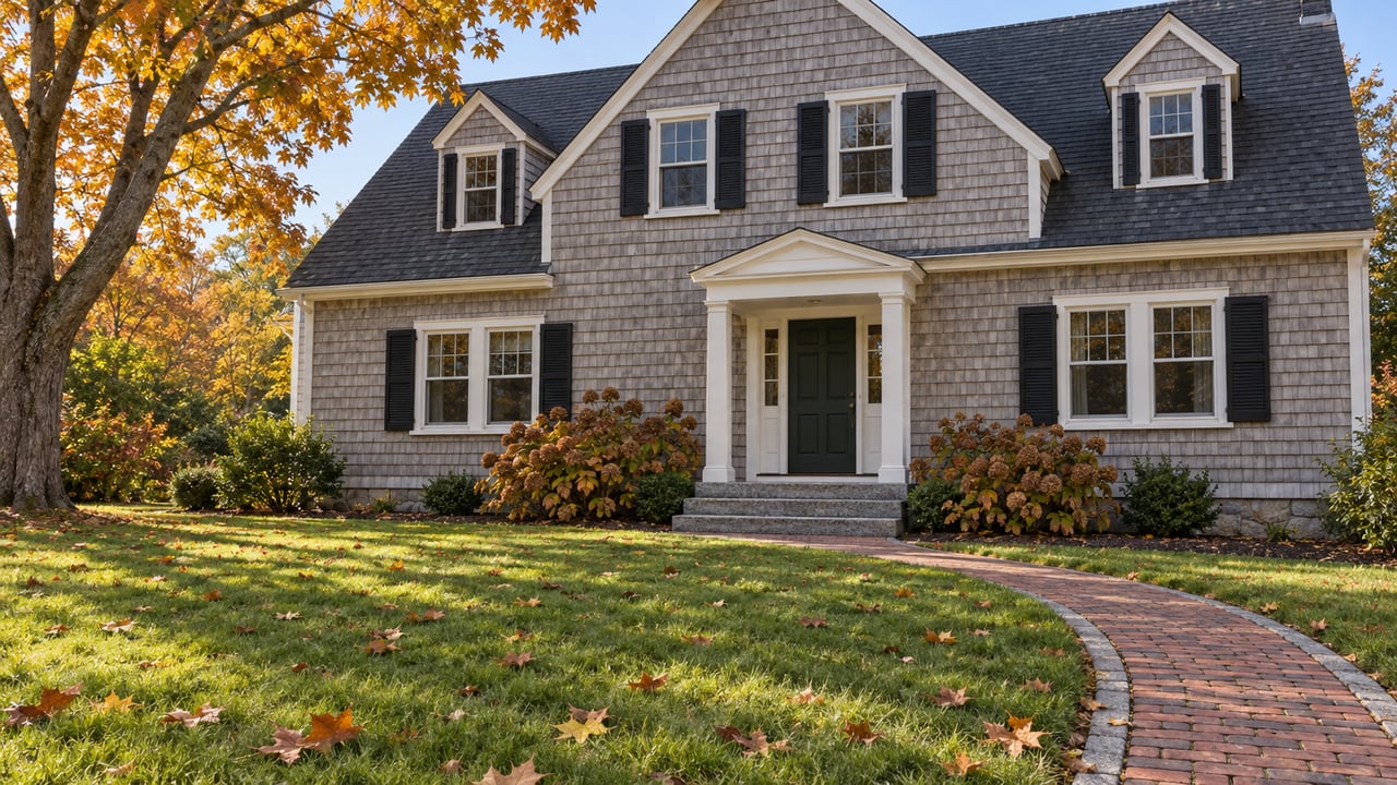 Gray-shingled house with white trim, black shutters and a curved brick walk across an autumn lawn beneath an amber sugar maple.