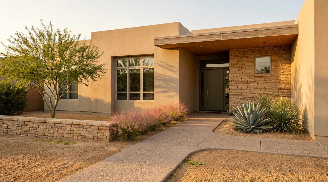 Desert-contemporary home with a curving concrete walkway, low stone wall, palo verde, agave, and pink-blooming grasses.