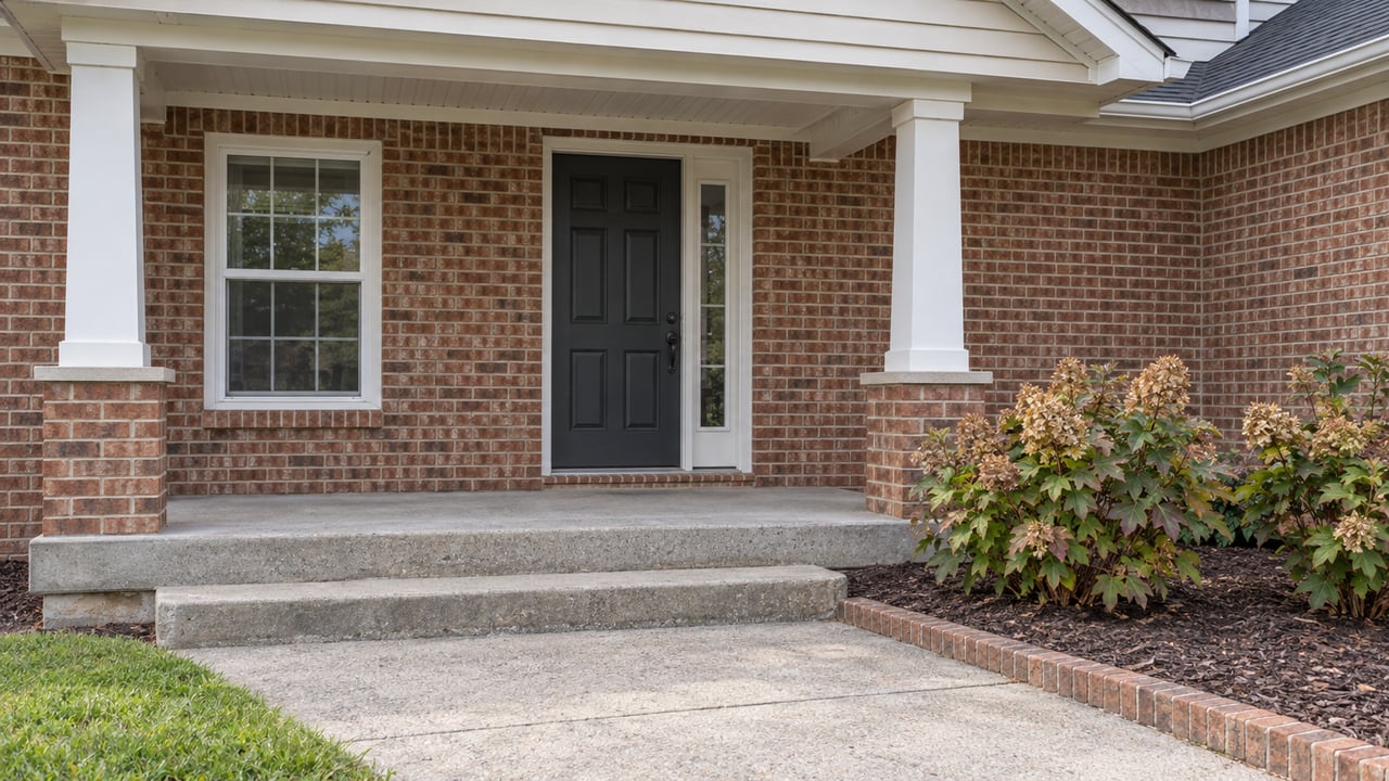 Brick and ivory-sided home entry with square porch columns, concrete steps, and oakleaf hydrangeas.