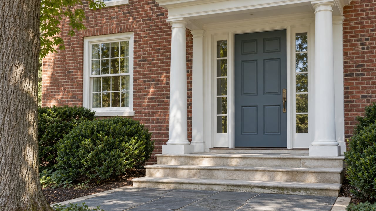 Red-brick house entry with a blue-gray door, limestone steps, bluestone path, and clipped yew shrubs.