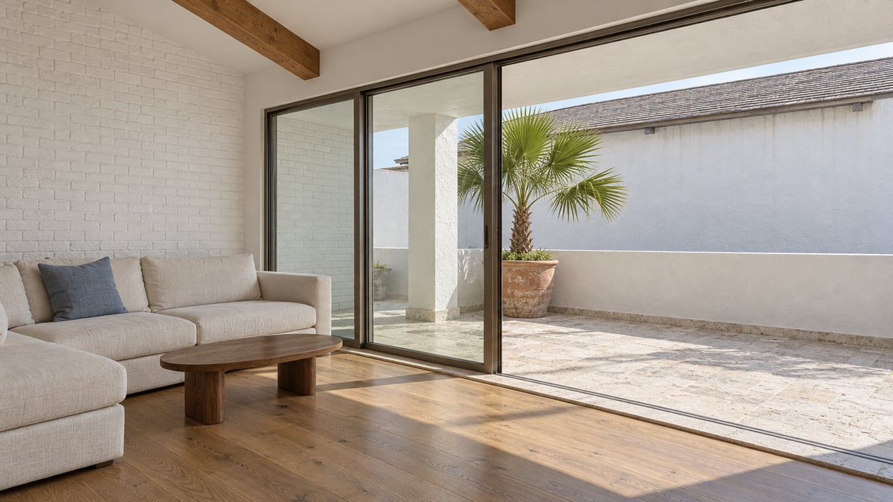 Sunlit condominium living room with stained timber beams, a linen sofa and bronze-framed glass doors opening visually onto a compact limestone terrace.