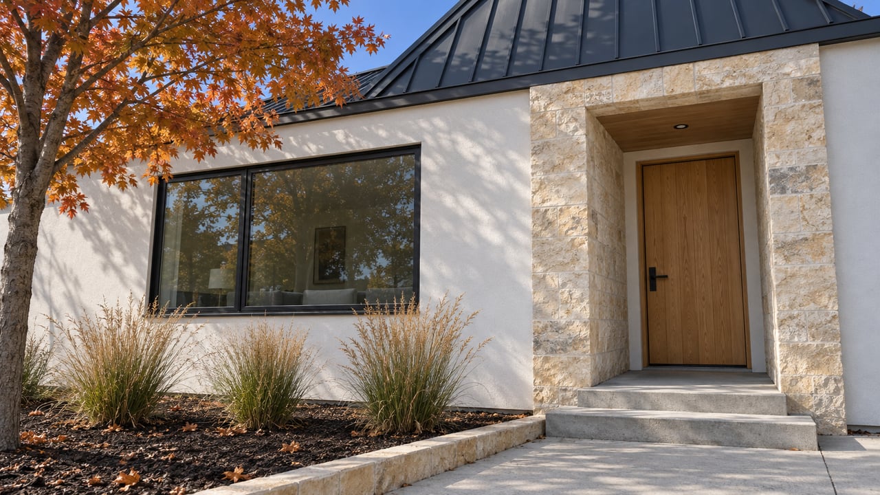Modern home with a stone-framed wooden entry, black metal roof, and autumn landscaping.