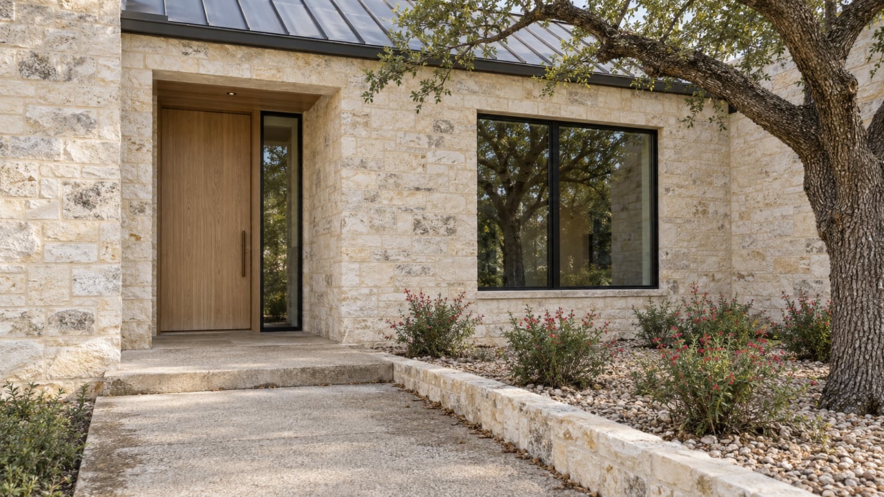 Pale limestone home with a low metal gable, recessed oak front door and black-framed window beside a mature live oak and raised planting bed.