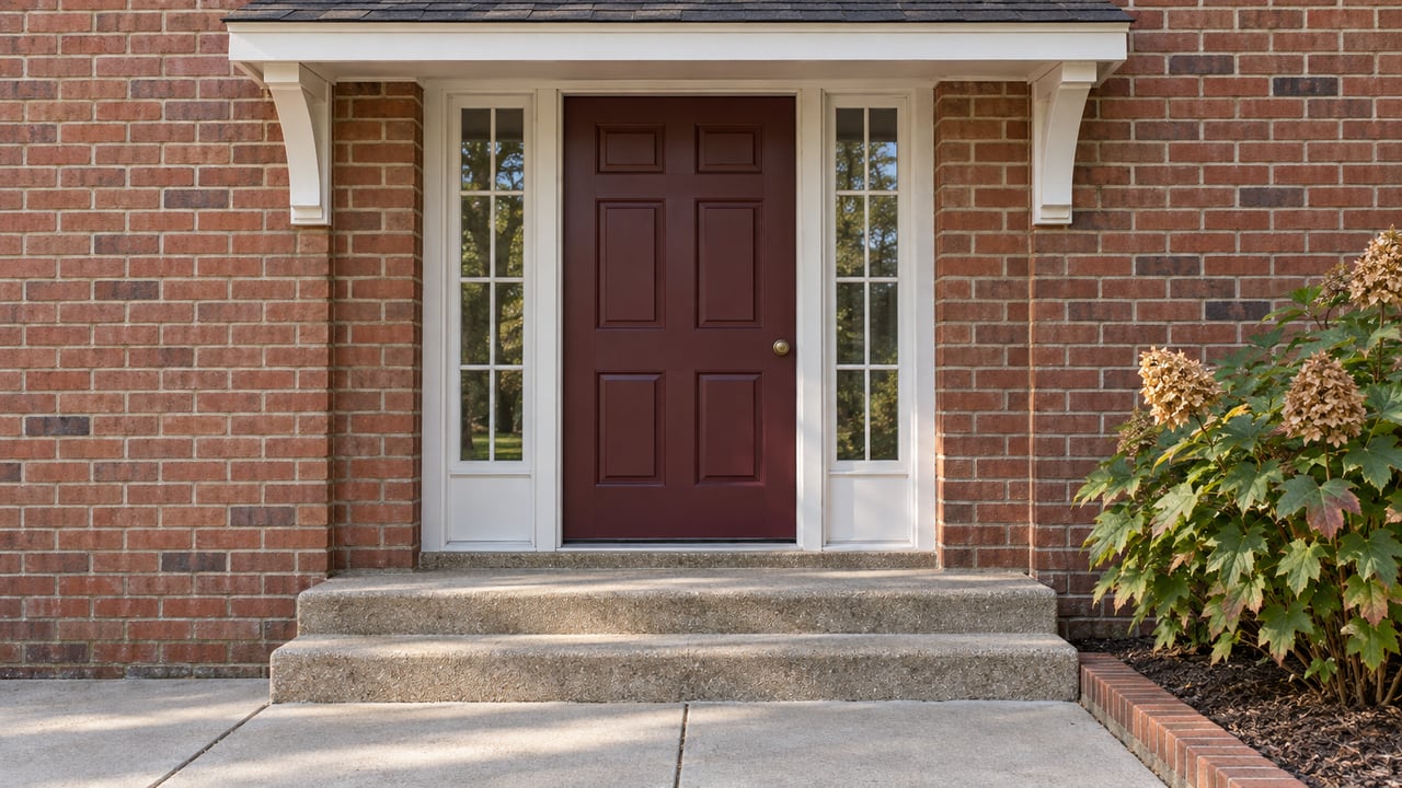 Close view of a red-brown brick home's burgundy front door, paired sidelights, weathered concrete steps and oakleaf hydrangea.