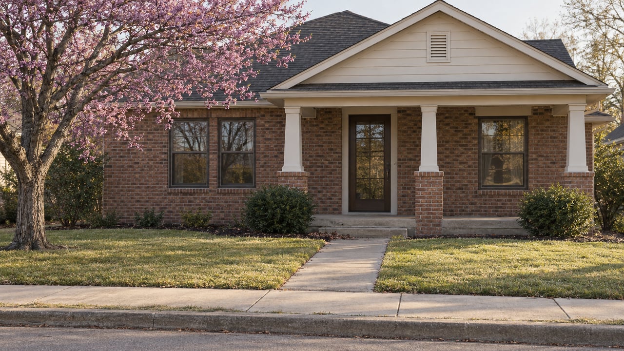 One-story red-brown brick house with a cream gable, white porch posts, front walk, and a mature tree.