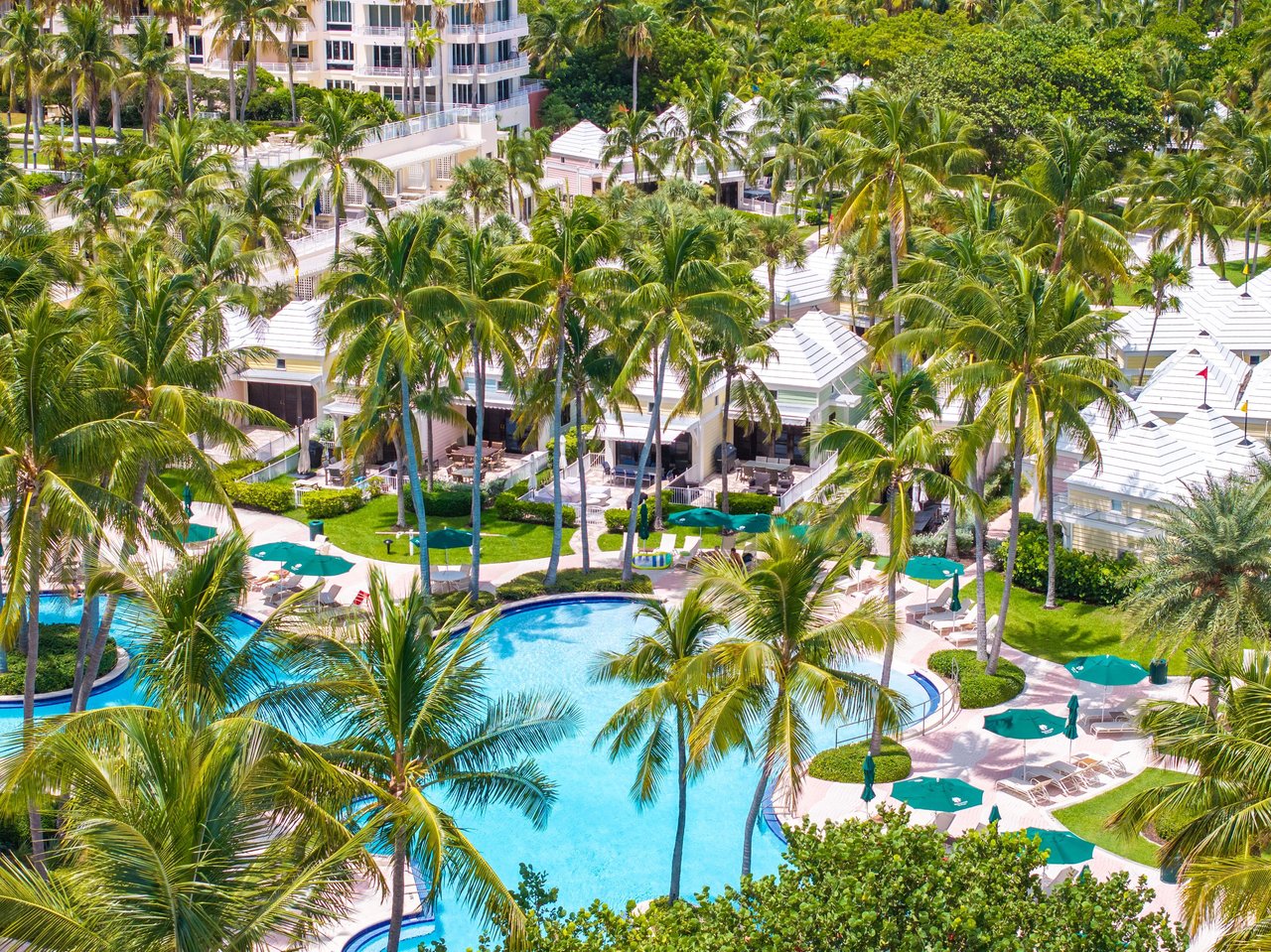 Resort pool surrounded by palm trees, cabanas, and green umbrellas.