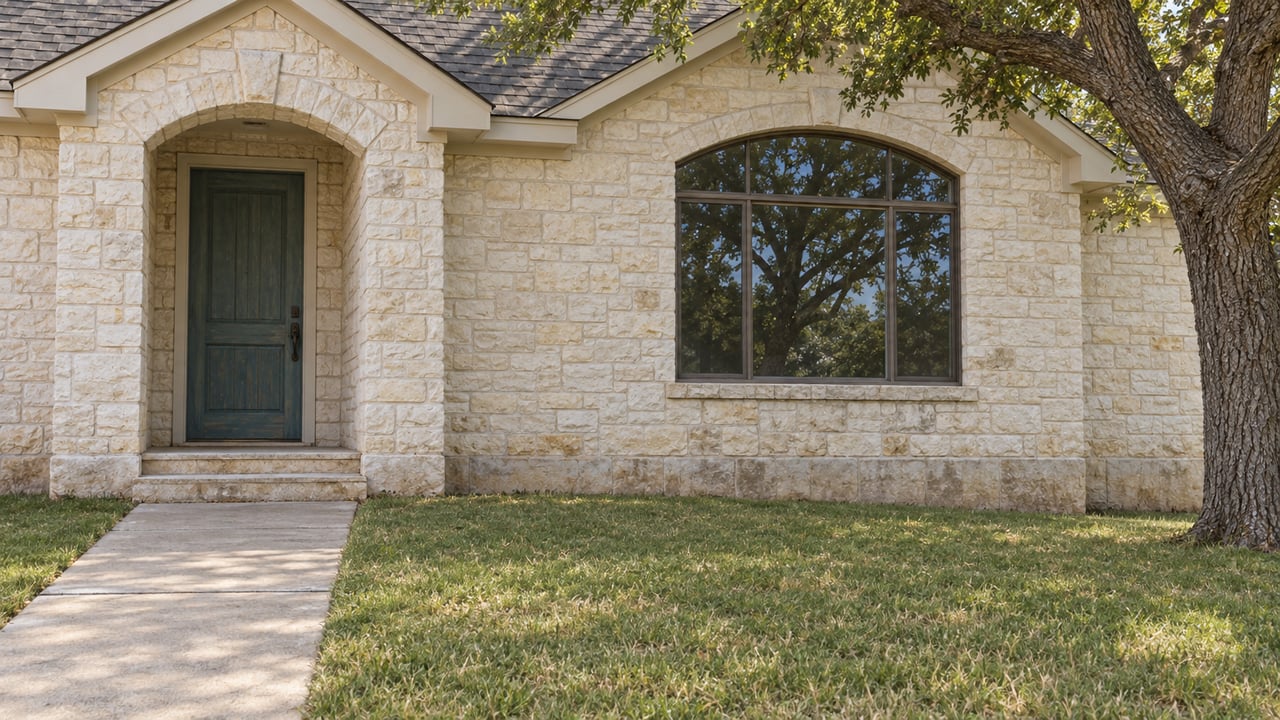 Limestone single-story home with a blue-green recessed front door, arched window transom and concrete walk across a sloping lawn beneath a mature live oak.