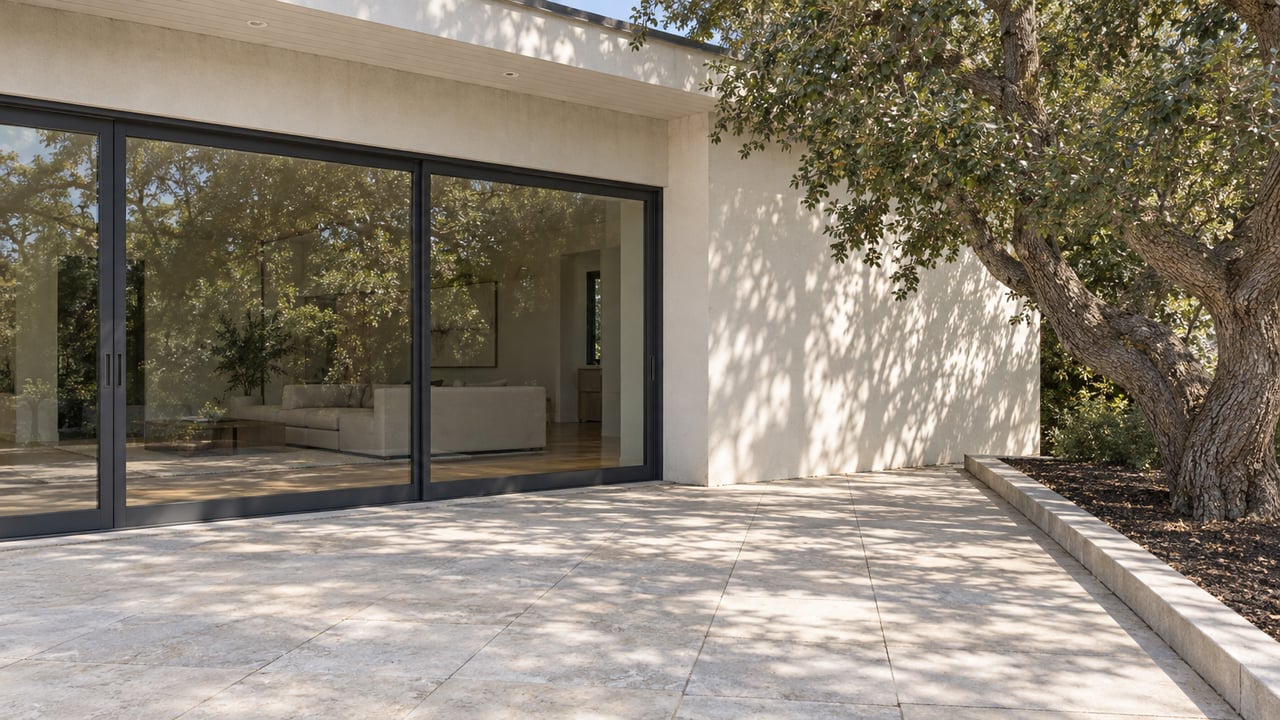 Modern home with sliding glass doors opening onto a stone patio shaded by a mature tree.