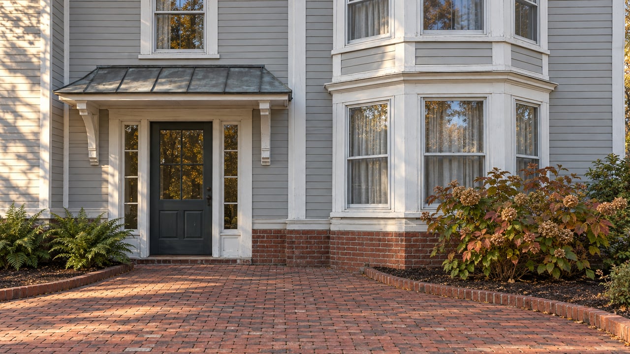 Weathered red-brick entrance court beside a light-gray clapboard condominium with white-trimmed windows and autumn oakleaf hydrangea.