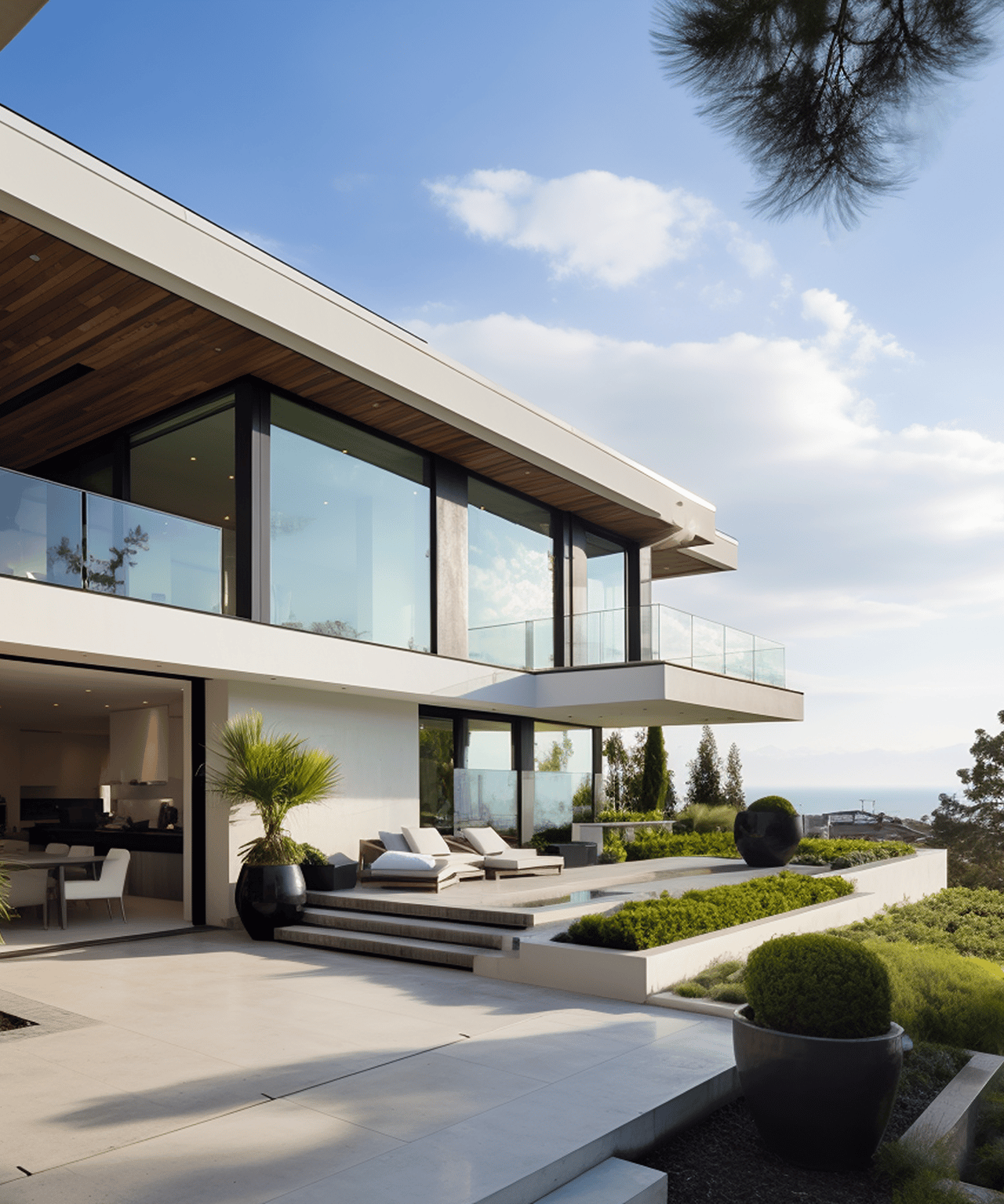 Modern home with glass balconies, landscaped patio, and a distant ocean view.