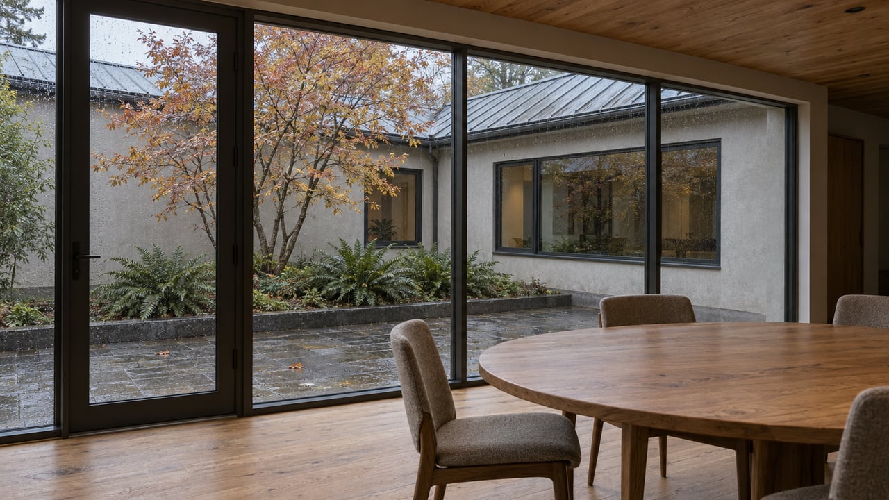 Oak dining room with charcoal-framed glass overlooking a basalt courtyard, copper-leaved vine maple and sword ferns.
