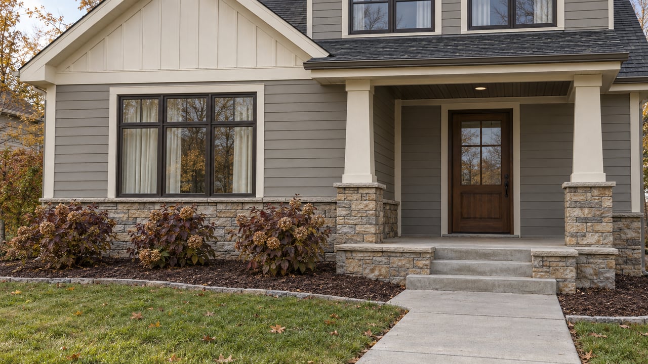 Warm-gray gabled home with a stone-based covered porch, concrete approach and burgundy oakleaf hydrangeas in autumn daylight.