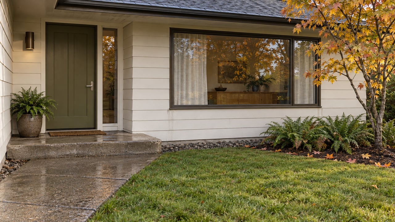 Rain-darkened front walk leading to an olive entry door and broad picture window, beside a maple with yellow-orange leaves.