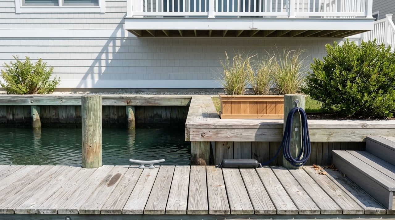 Dock cleat on a backyard dock, with water, a house, and planting nearby.