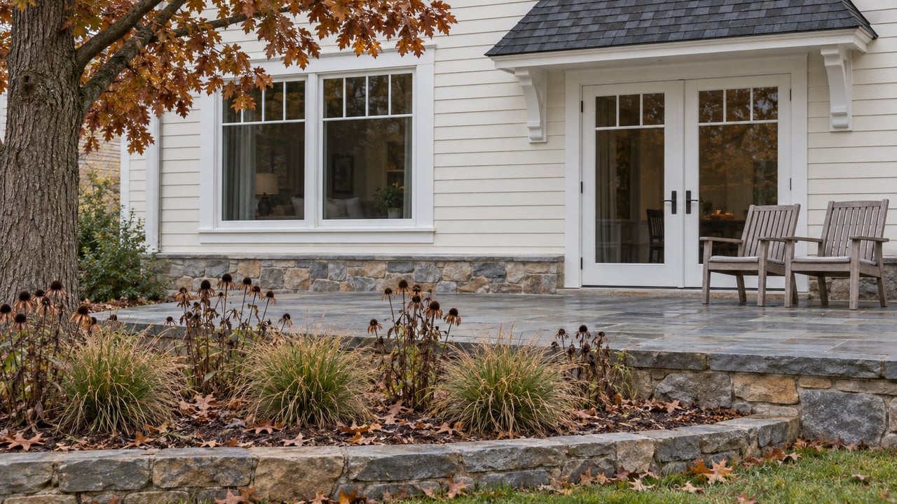 Ivory clapboard home and bluestone terrace framed by russet oak leaves, dry coneflower seed heads, and autumn moor grass.