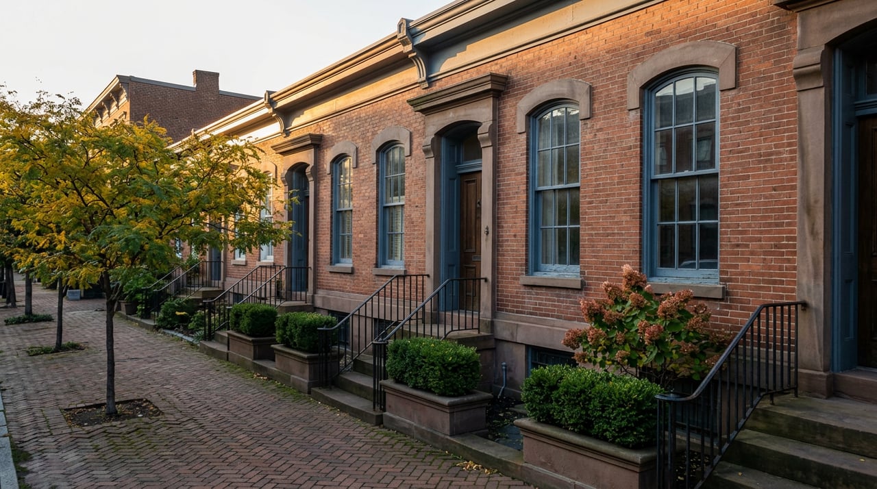 Brick rowhouses with arched windows and iron stoop railings line a narrow, leaf-strewn brick sidewalk.