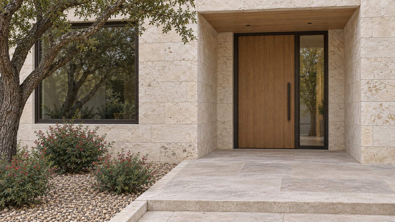 Covered limestone home entrance with an oak door, bronze-framed glazing, a raised stone landing and flowering sage beneath a twisting oak.