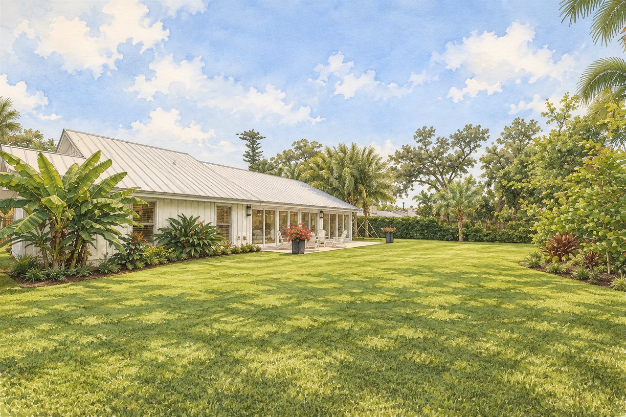 Single-story white home with a metal roof, patio, tropical landscaping, and a broad lawn.