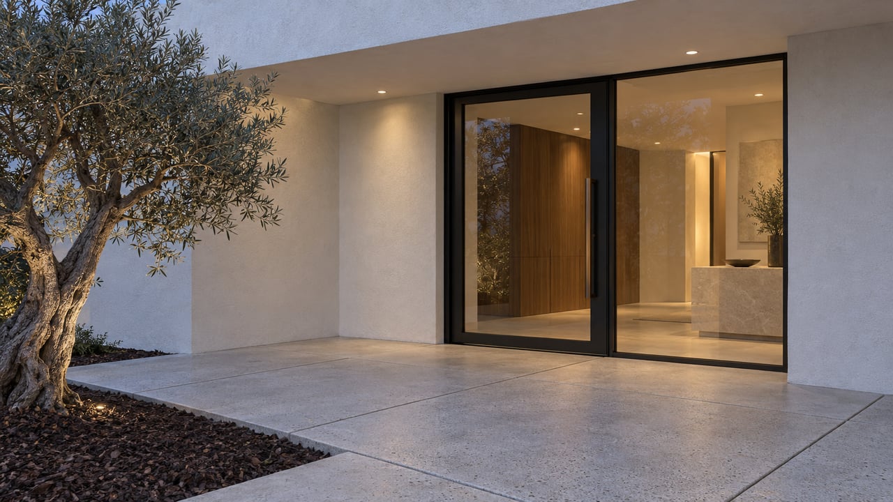 A modern white-stucco home's covered entrance at blue hour, with black-framed glazing, warm interior light, pale concrete paving and a sculptural olive tree.