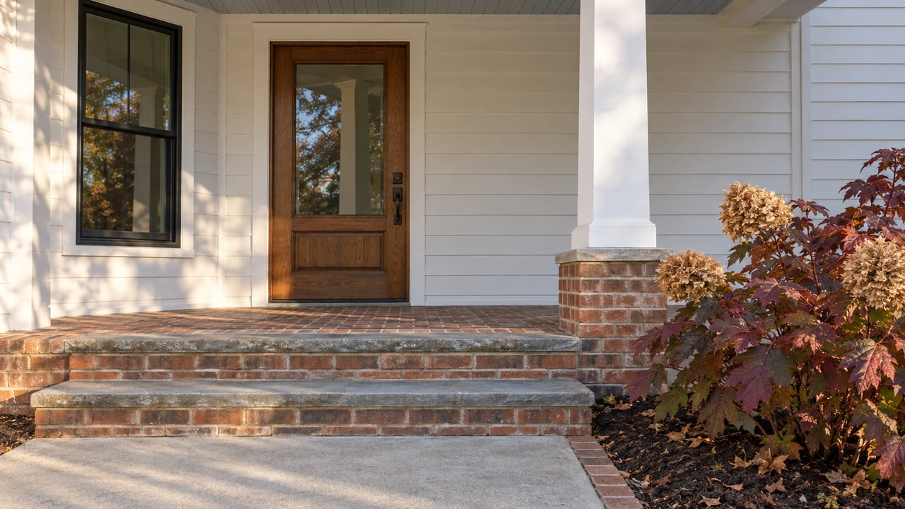Morning light across a white-sided home's covered entry, oak door, brick steps with bluestone treads, and autumn oakleaf hydrangea.