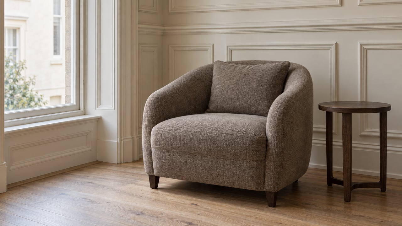 Taupe armchair and dark oak side table beside a tall closed window, with ivory decorative paneling and pale oak flooring.