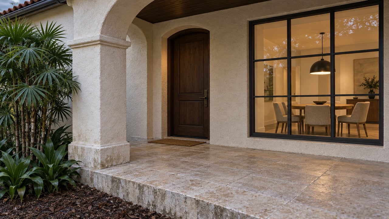 Cream stucco porch with limestone paving, a closed timber door, and a warmly lit dining room behind glass.