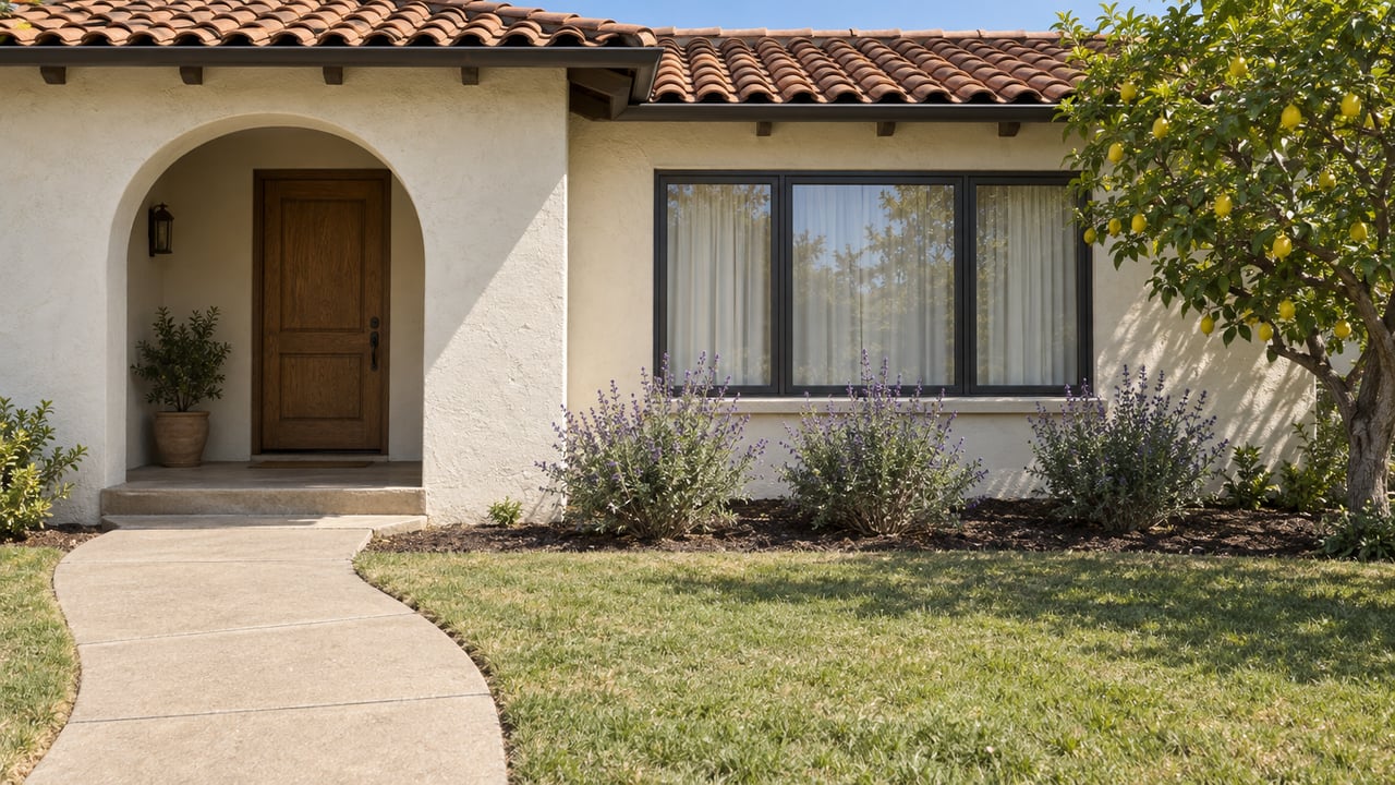 Cream stucco home with a clay-tile roof, recessed arched oak entry, broad window, front lawn, and a mature lemon tree.