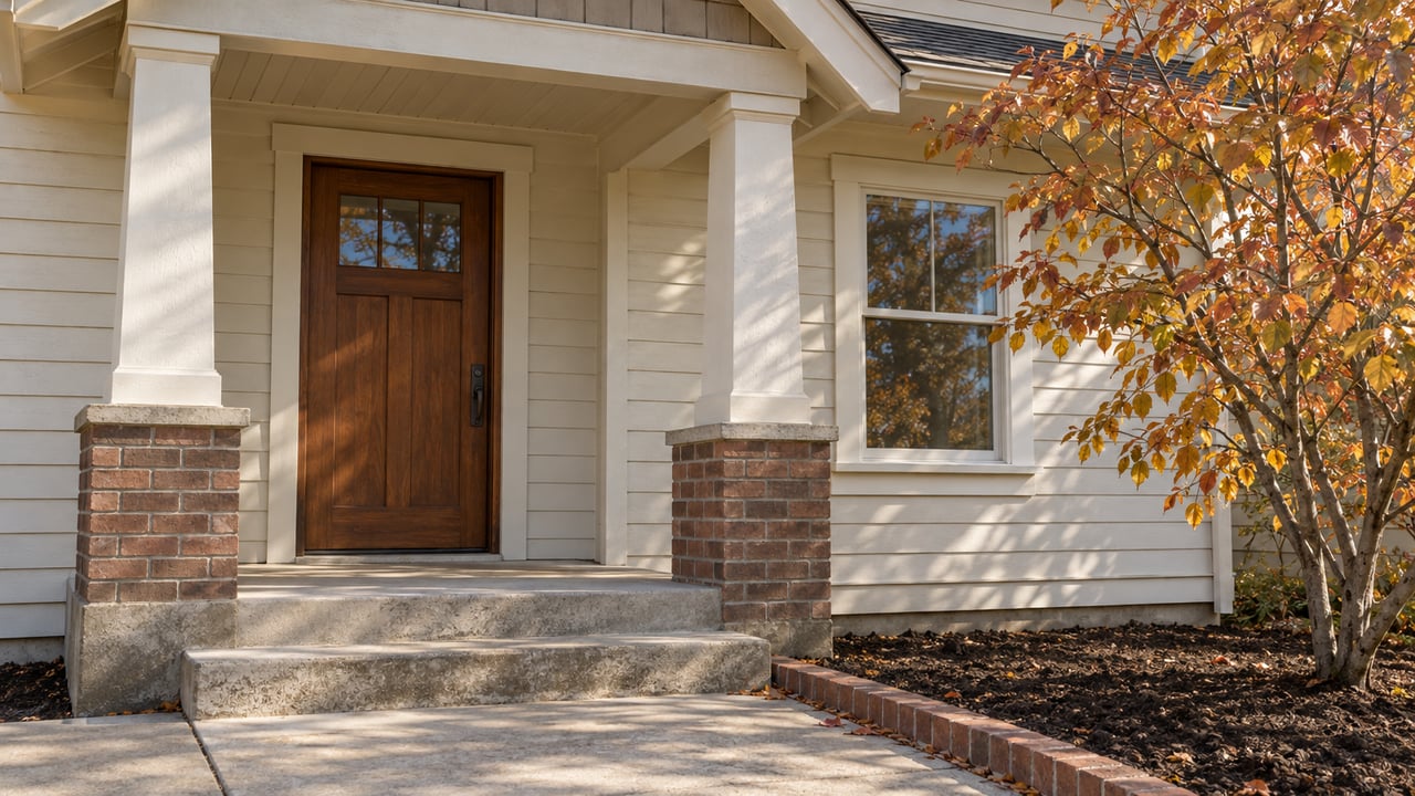 Home entrance with a dark wood door, brick porch columns, and autumn foliage.