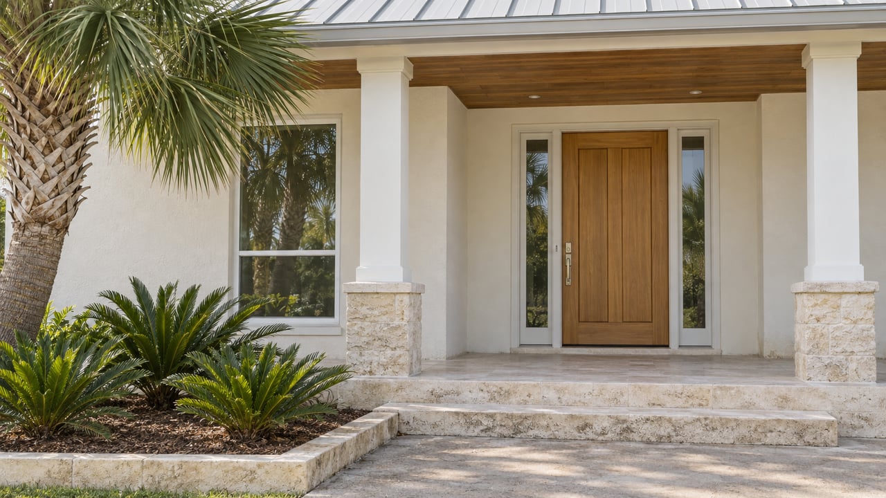 Cream stucco home with a wood entry door, pale limestone steps, and a sculptural palm beside a small planted bed.