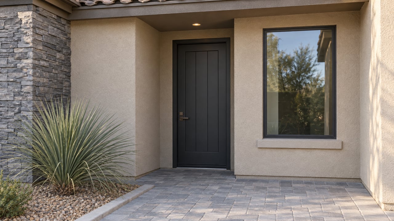 Recessed charcoal front door beside a dark-framed window, sandy stucco, and a spiky desert plant.