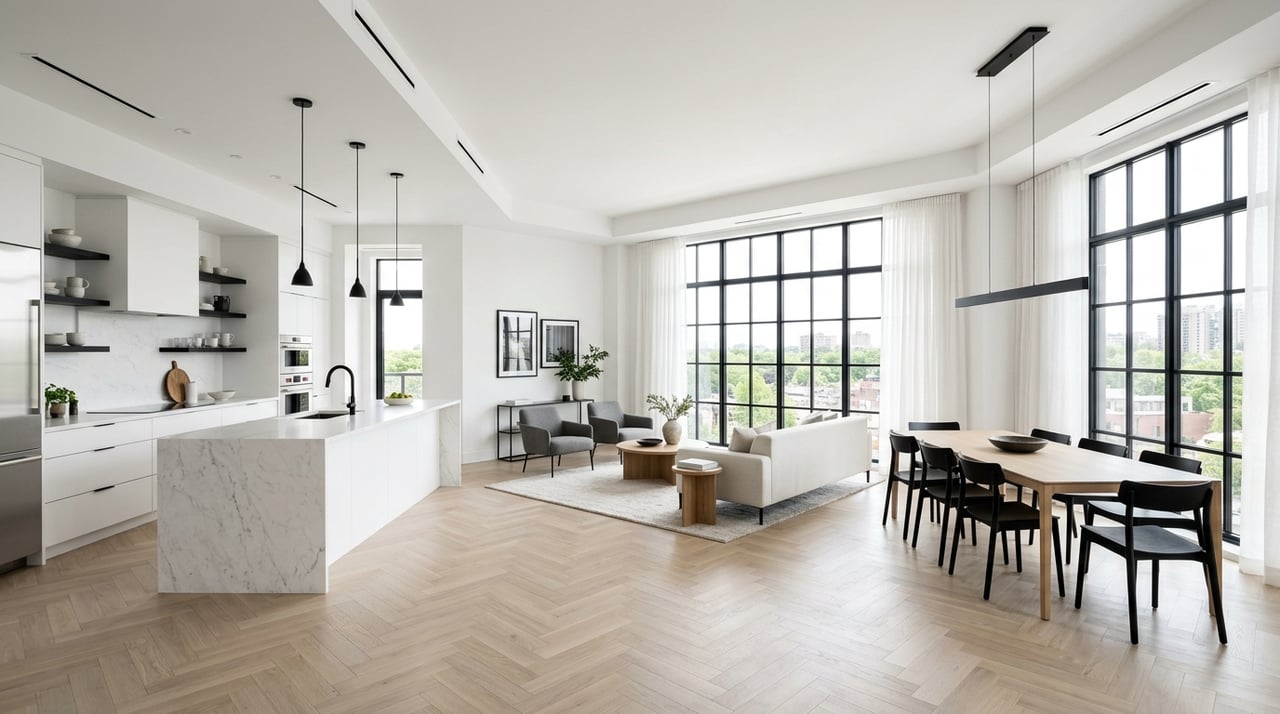Open condo kitchen and sitting area with a quartz island, white oak herringbone floor, and leafy views through divided-light windows.