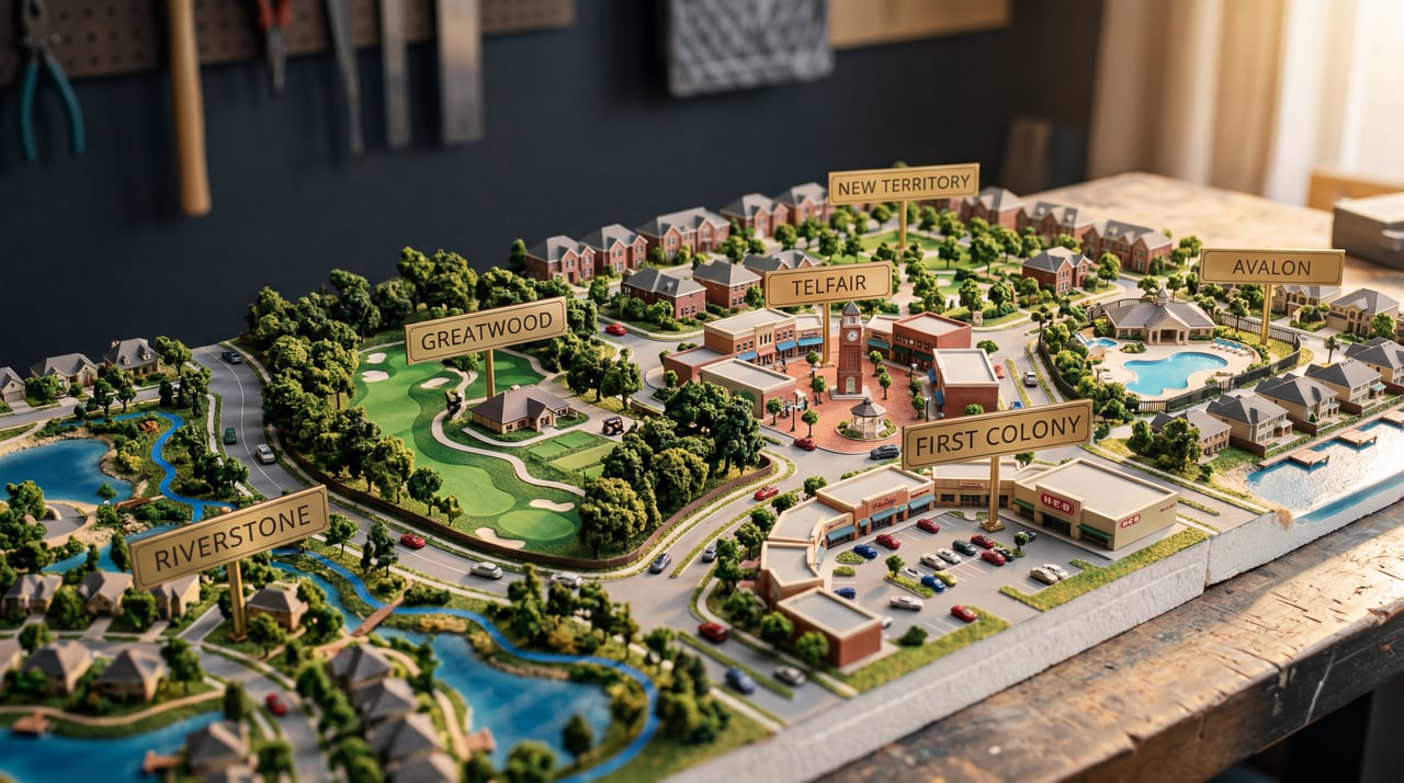 Miniature diorama of Sugar Land TX master-planned communities Riverstone, Telfair, Greatwood, First Colony, and Avalon